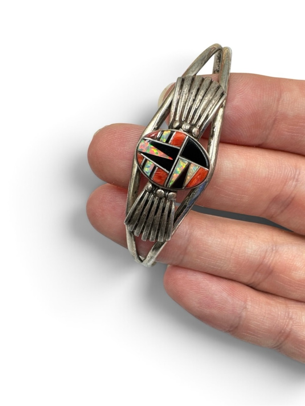 Vintage 1980s Navajo Sterling Opal Coral Onyx Inlay Cuff Bracelet 6.5”